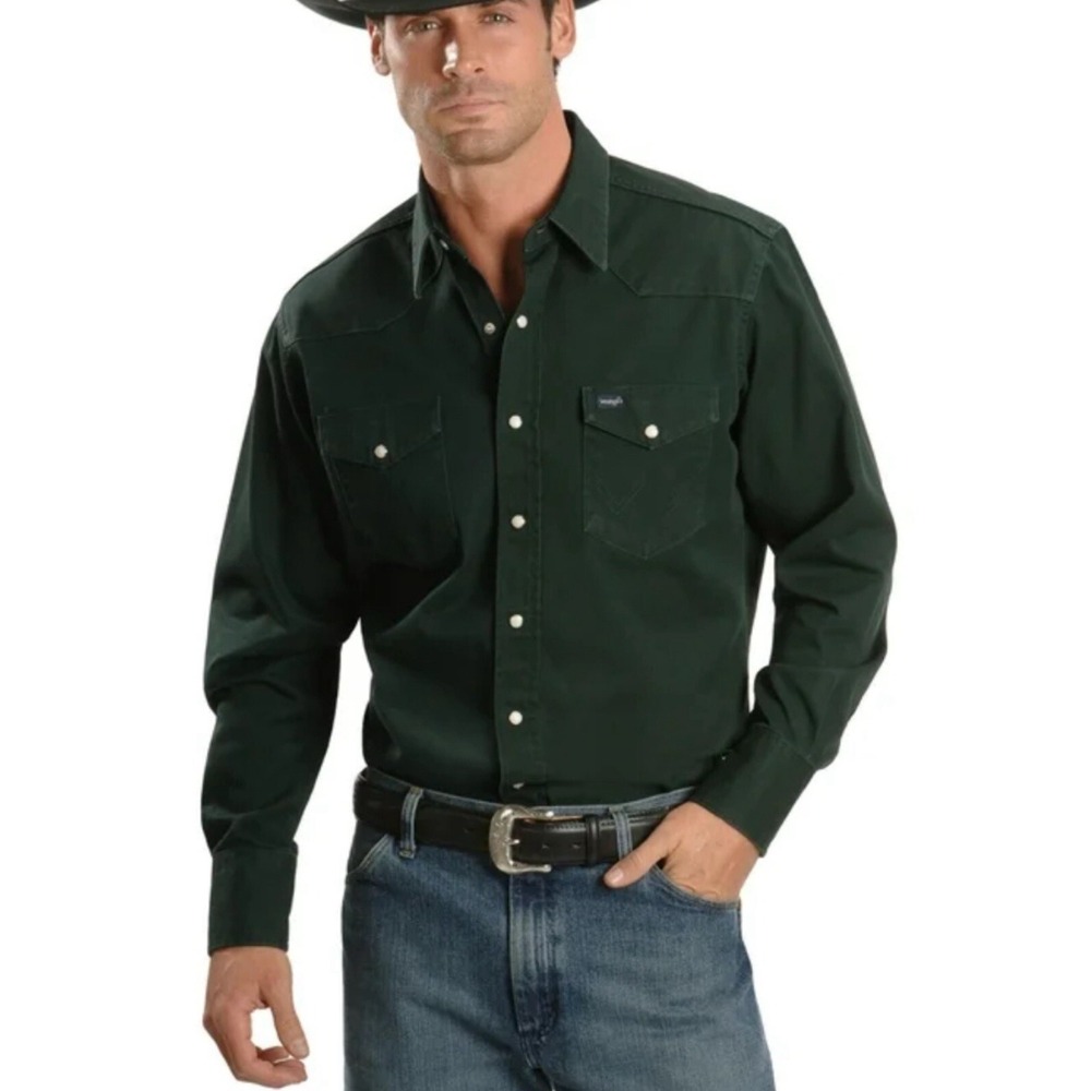 Wrangler Pearl‎ Snap Big Mans Fit Cotton XL Tails Men Western Cowboy Green Shirt